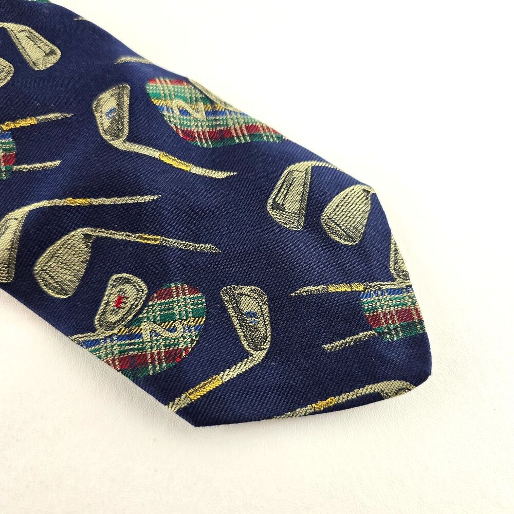 Brooks Brothers Makers Mens Necktie Tie Navy Blue Golf Clubs 2 Plaid Silk 58"